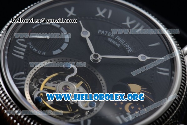 Patek Philippe Grand Complication Swiss Tourbillon Manual Winding Steel Case with Black Dial Roman Numeral Markers and Black Leather Strap - Click Image to Close